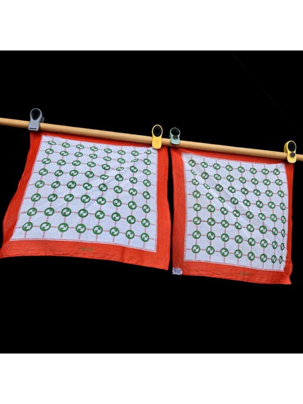 Vintage Gucci GG Logo Cotton Scarf Handkerchief Set 2 Orange Green White Italy - Picture 9 of 11